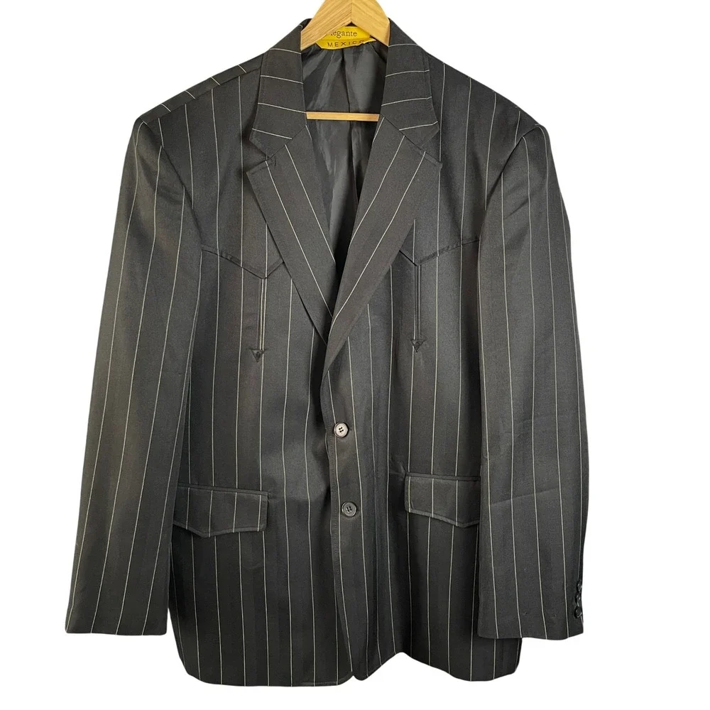 Elegante Mexico Mens Western Blazer 46‎ / 38  Black Pinstripe Herringbone Arrow